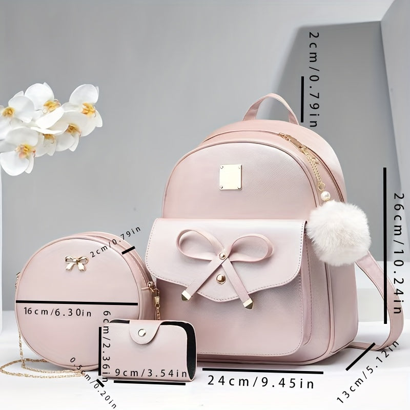 Chic Pink Bowknot Women's Backpack - Sweet & Cute, Faux Leather with Adjustable Straps and Zip Closure