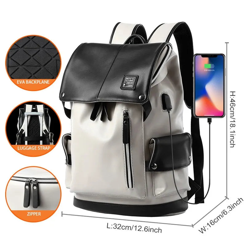 High Quality Leather Backpack Men With USB Charging Casual Travel Waterproof Backpack 15.6inch Laptop Mochilas For Teenagers 