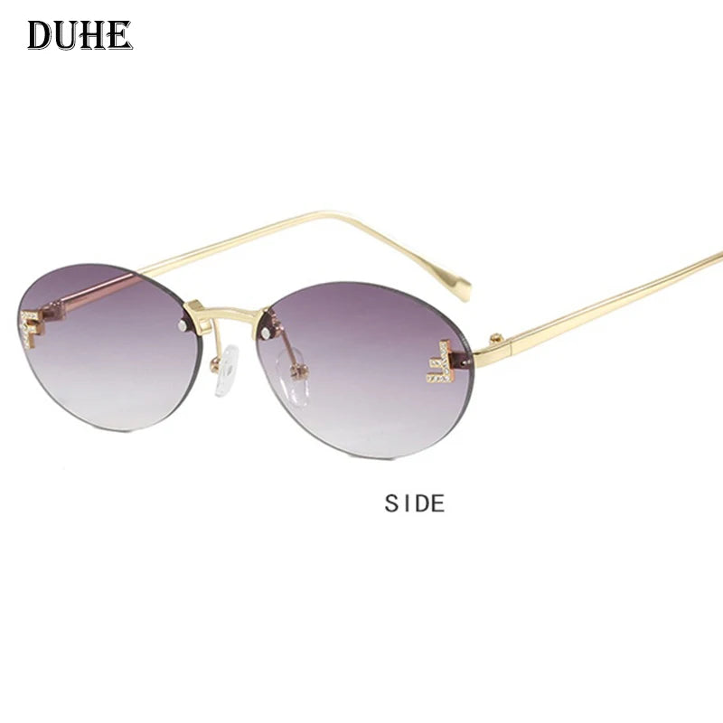 New Luxury F Letter Frameless Sunglasses Oval Retro Small Frame Sunglasses UV400 Protective women's fashion Metal sunglasses