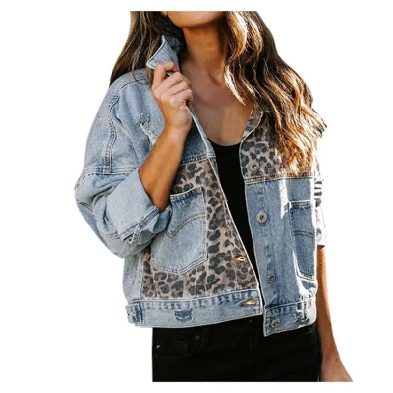 Leopard Stitching Denim Jacket Women Coat Fashion Female Outerwears Long Sleeve Lapel Button Down Chest Pocket Female Tops