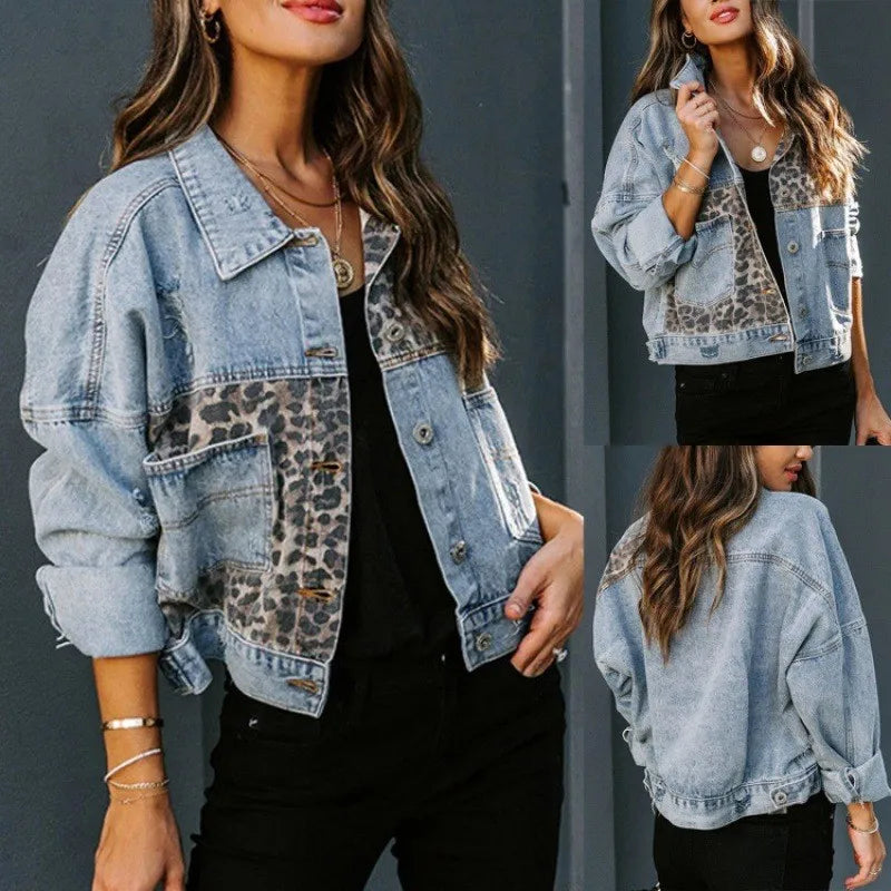 Leopard Stitching Denim Jacket Women Coat Fashion Female Outerwears Long Sleeve Lapel Button Down Chest Pocket Female Tops