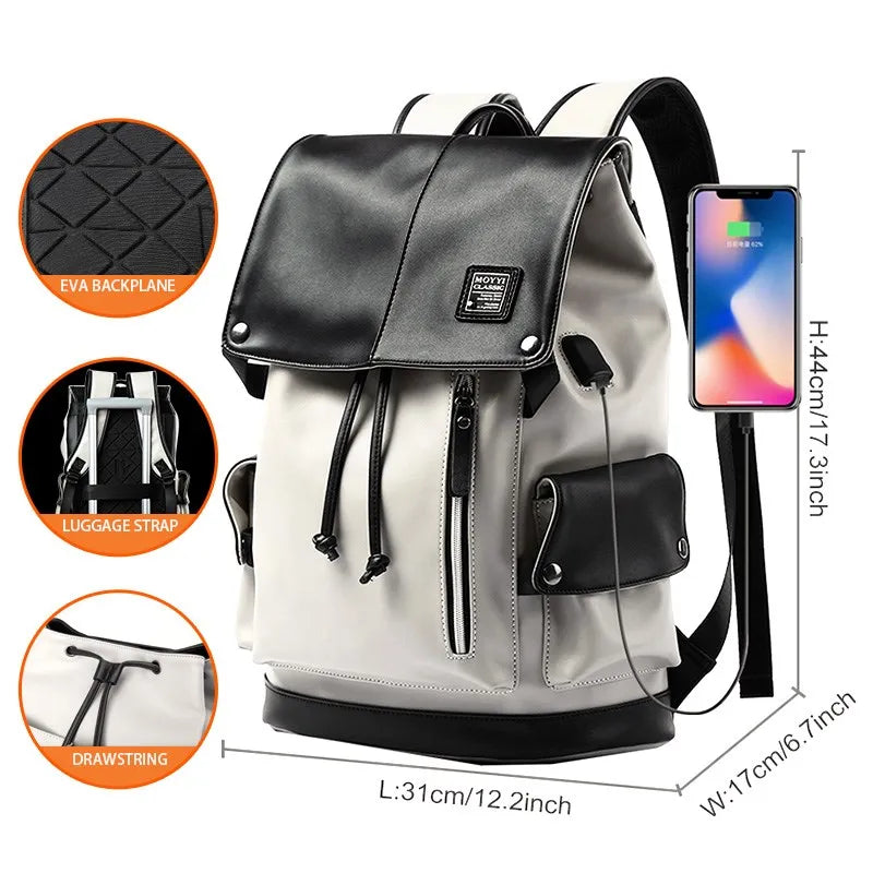 High Quality Leather Backpack Men With USB Charging Casual Travel Waterproof Backpack 15.6inch Laptop Mochilas For Teenagers 