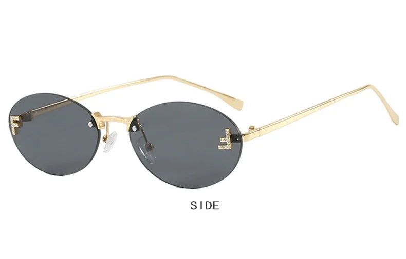 New Luxury F Letter Frameless Sunglasses Oval Retro Small Frame Sunglasses UV400 Protective women's fashion Metal sunglasses