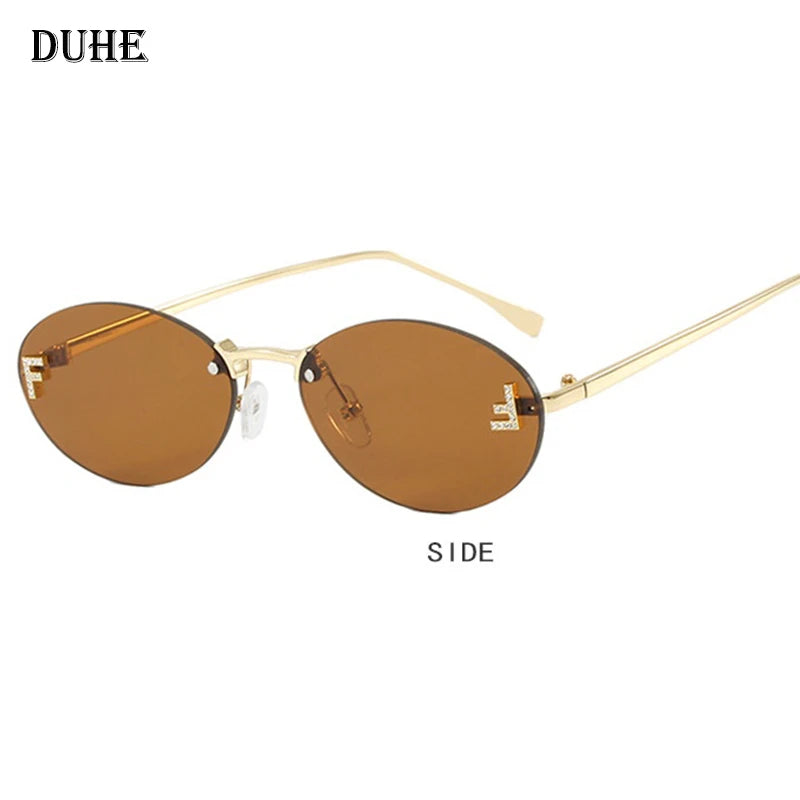 New Luxury F Letter Frameless Sunglasses Oval Retro Small Frame Sunglasses UV400 Protective women's fashion Metal sunglasses