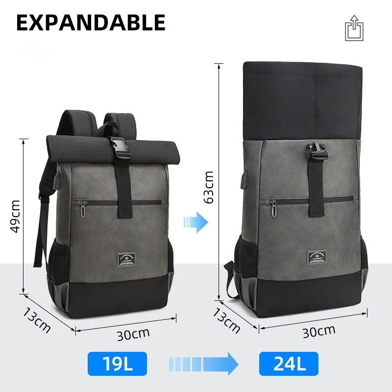 Waterproof usb Computer Backpacks Bags Lightweight PU Leather Men Luxury Roll top Rucksack for Women Men