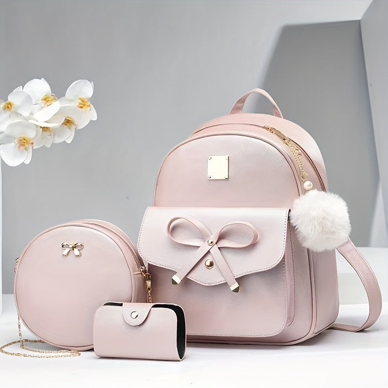 Chic Pink Bowknot Women's Backpack - Sweet & Cute, Faux Leather with Adjustable Straps and Zip Closure